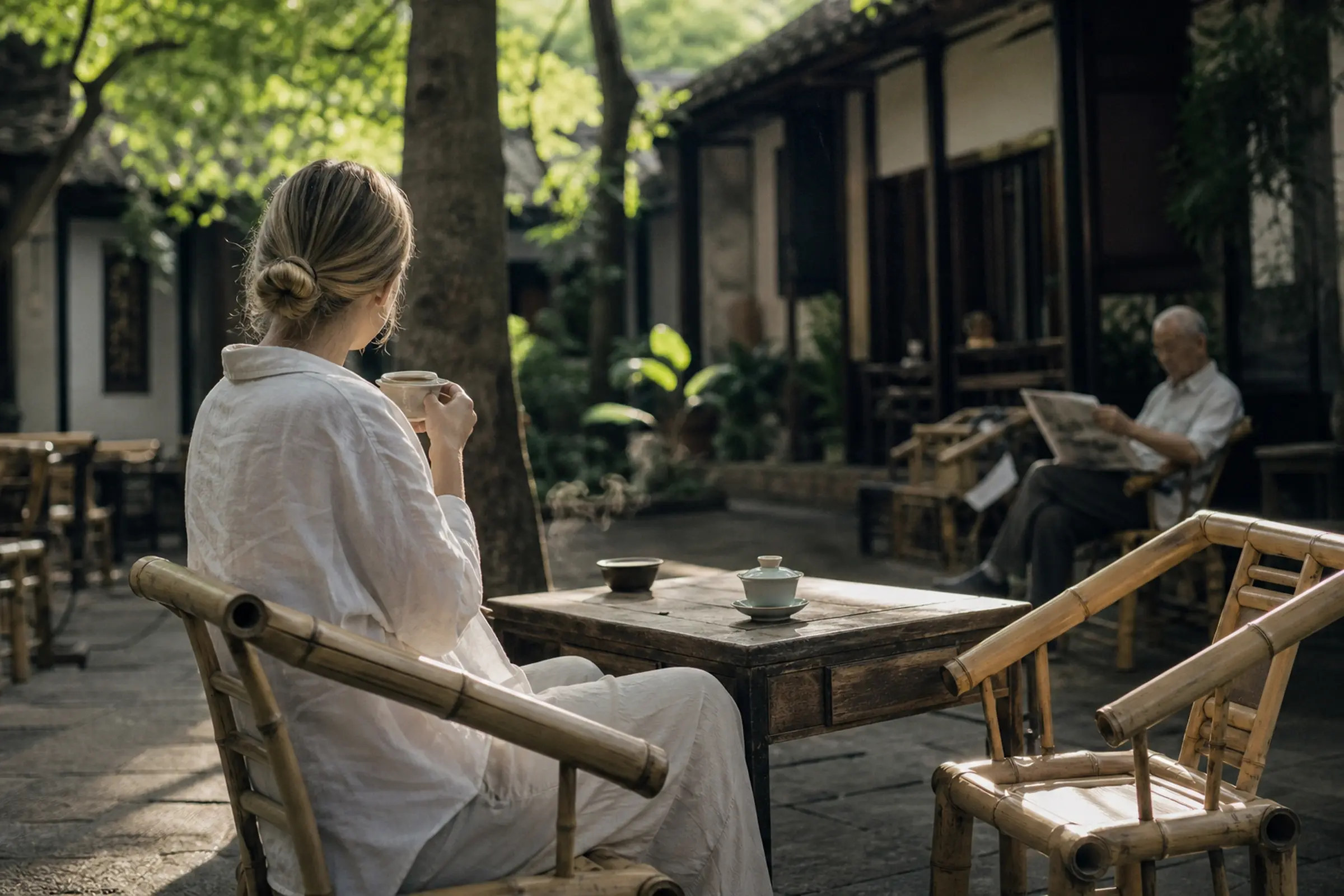 A Chengdu teahouse in morning light, steam rising from a gaiwan