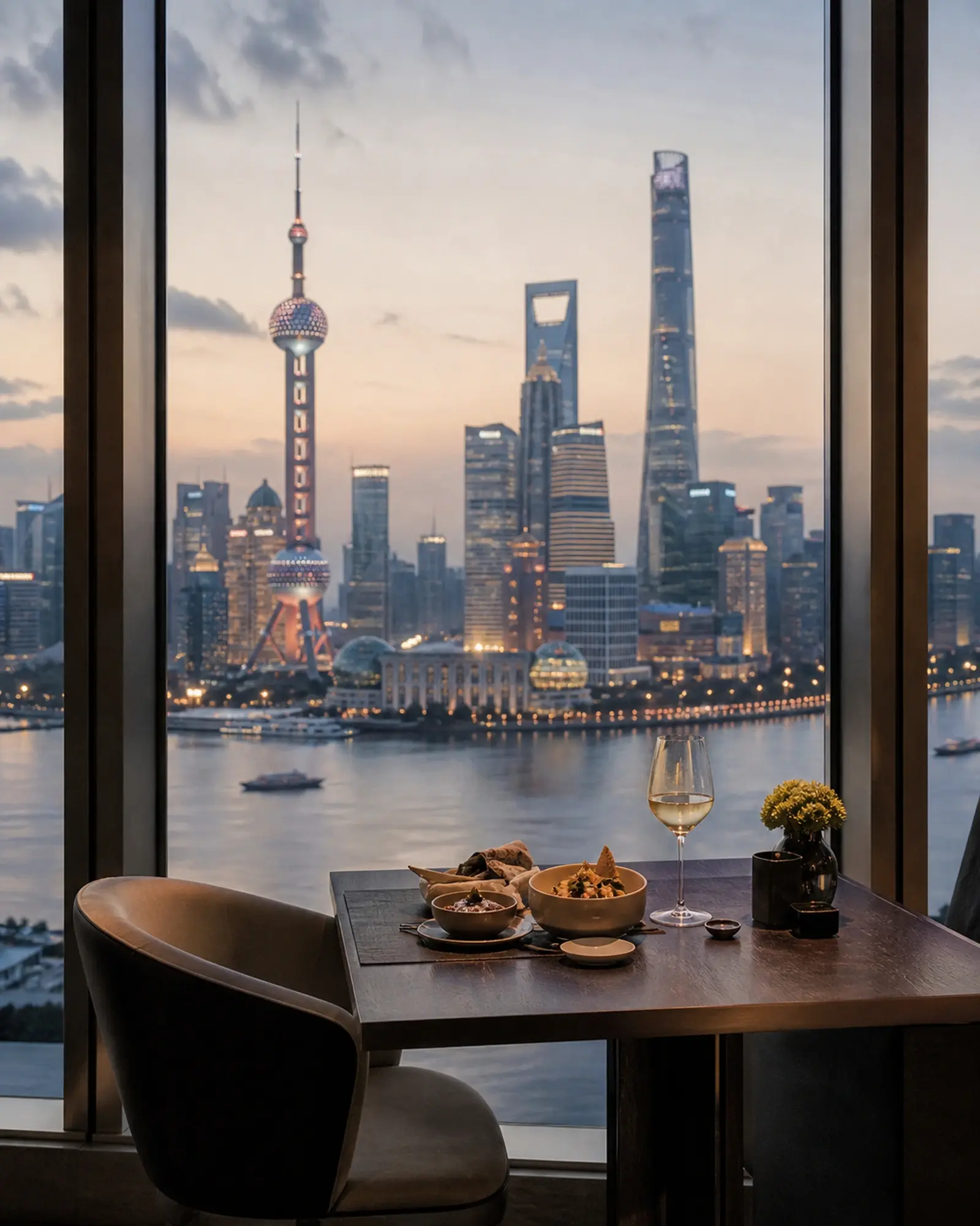 A window table set for one at dusk, the Lujiazui skyline glowing beyond the glass