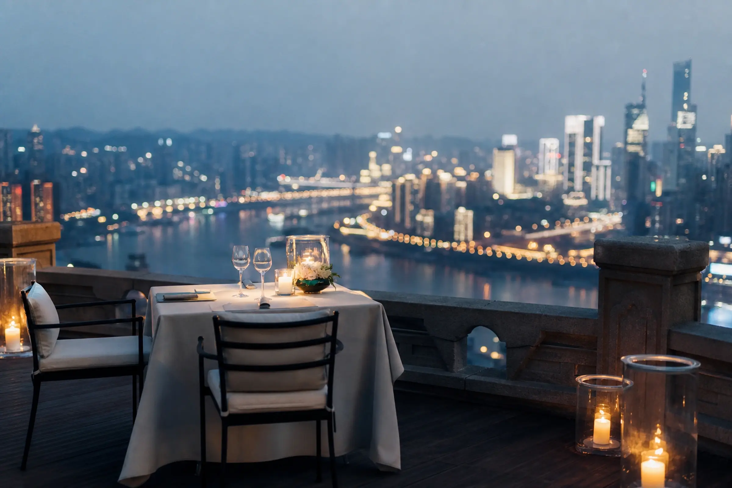 A rooftop terrace set for two: candles, white flowers, city lights soft below