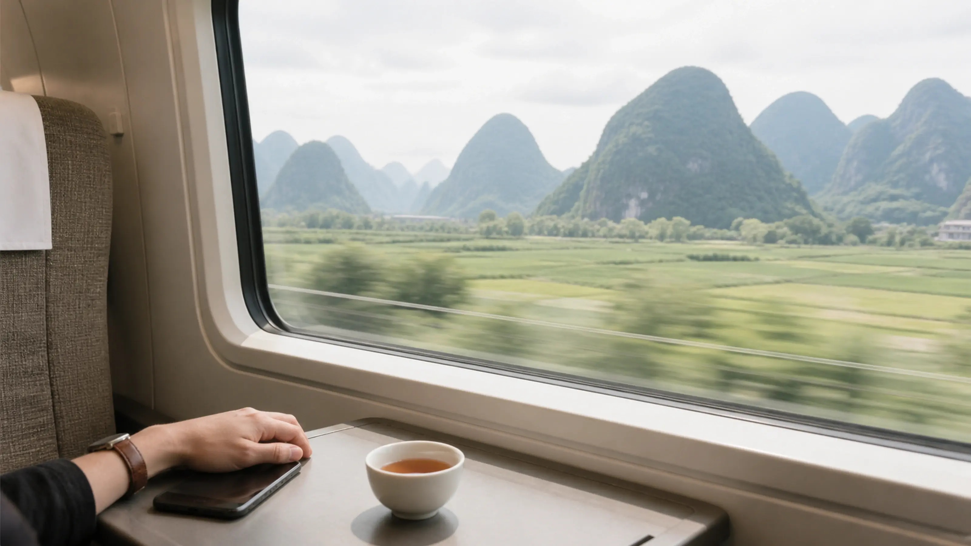 Karst hills streaming past a high-speed train window, tea on the fold-down table