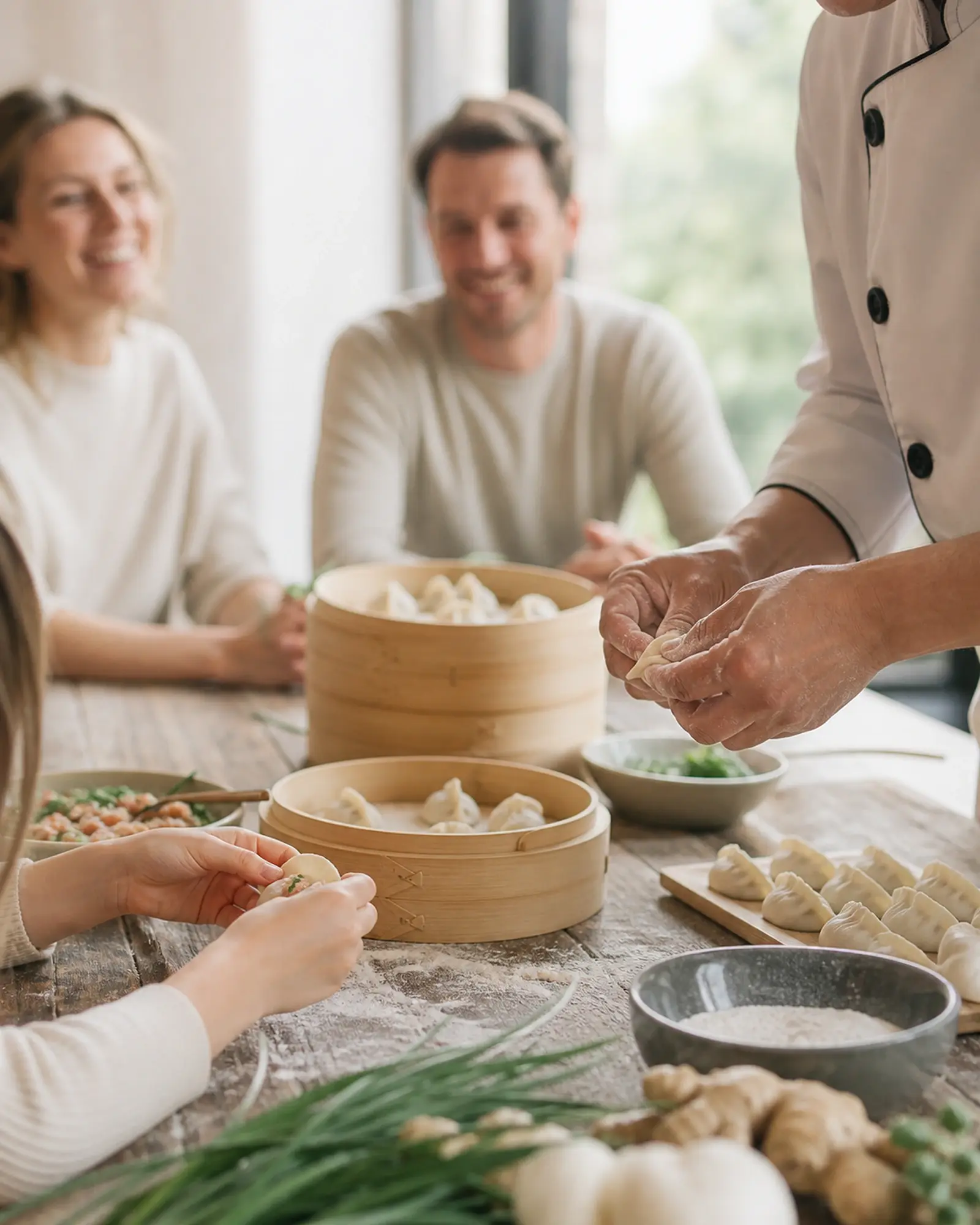 A child’s hands and a chef’s hands folding dumplings together in soft window light