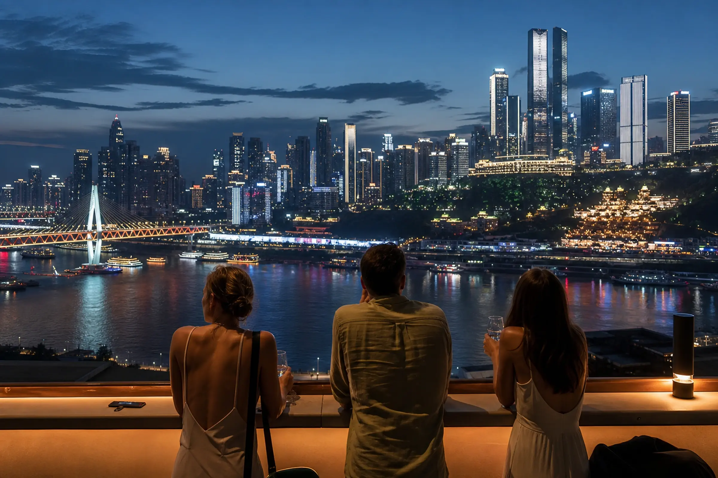 Friends looking out over the stacked night skyline of Chongqing from a rooftop
