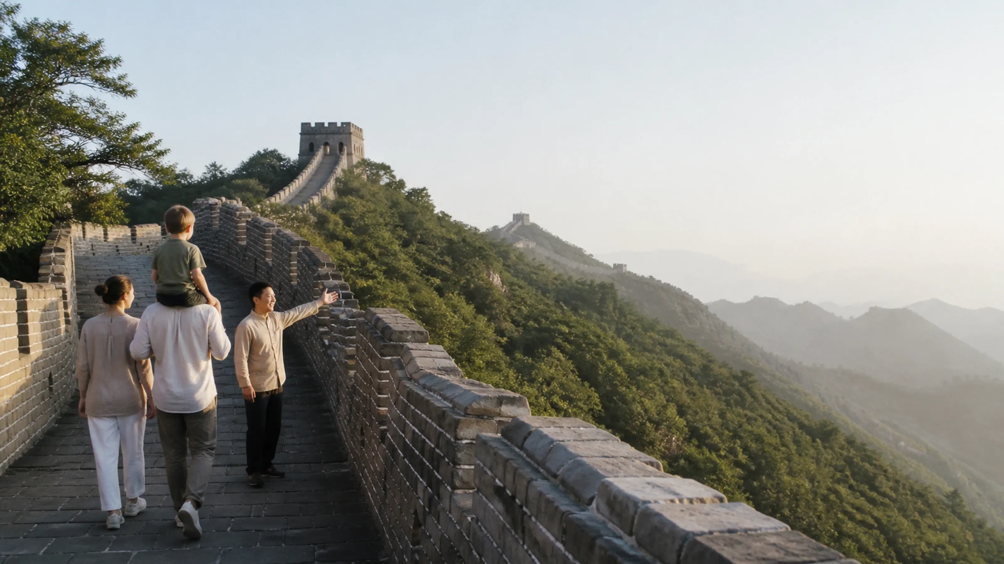 A family walking the Great Wall at Mutianyu in early morning, a guide gesturing ahead