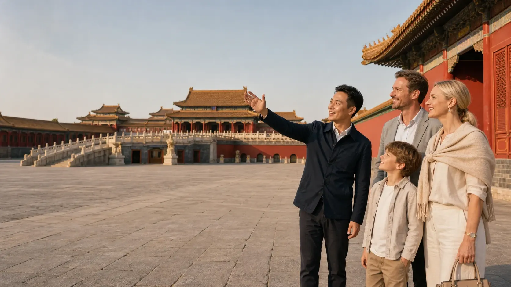 A guide leading a family across a great courtyard of the Forbidden City in early light