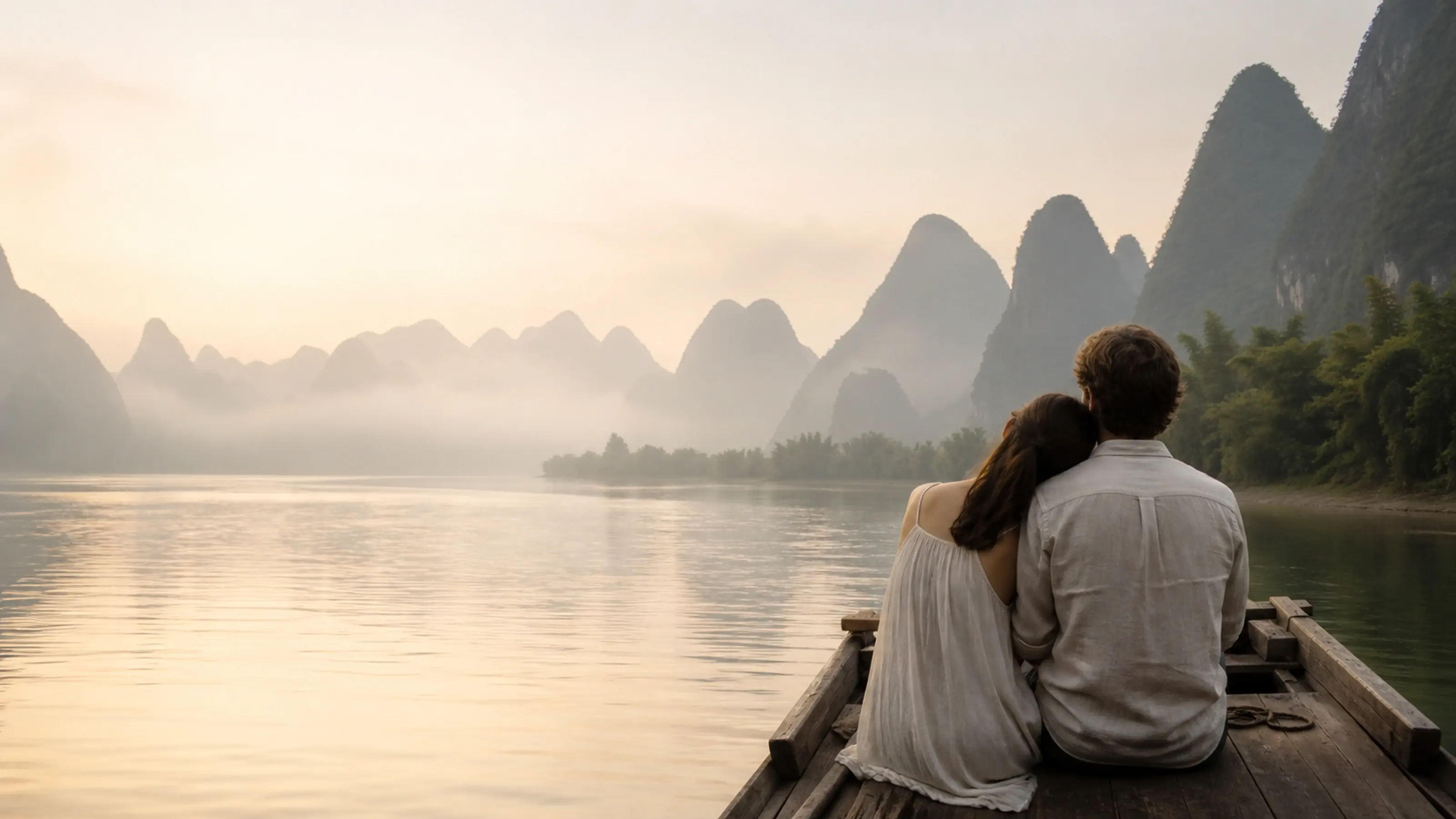 A couple at the bow of a wooden boat on the Li River at dawn, karst peaks in gold mist