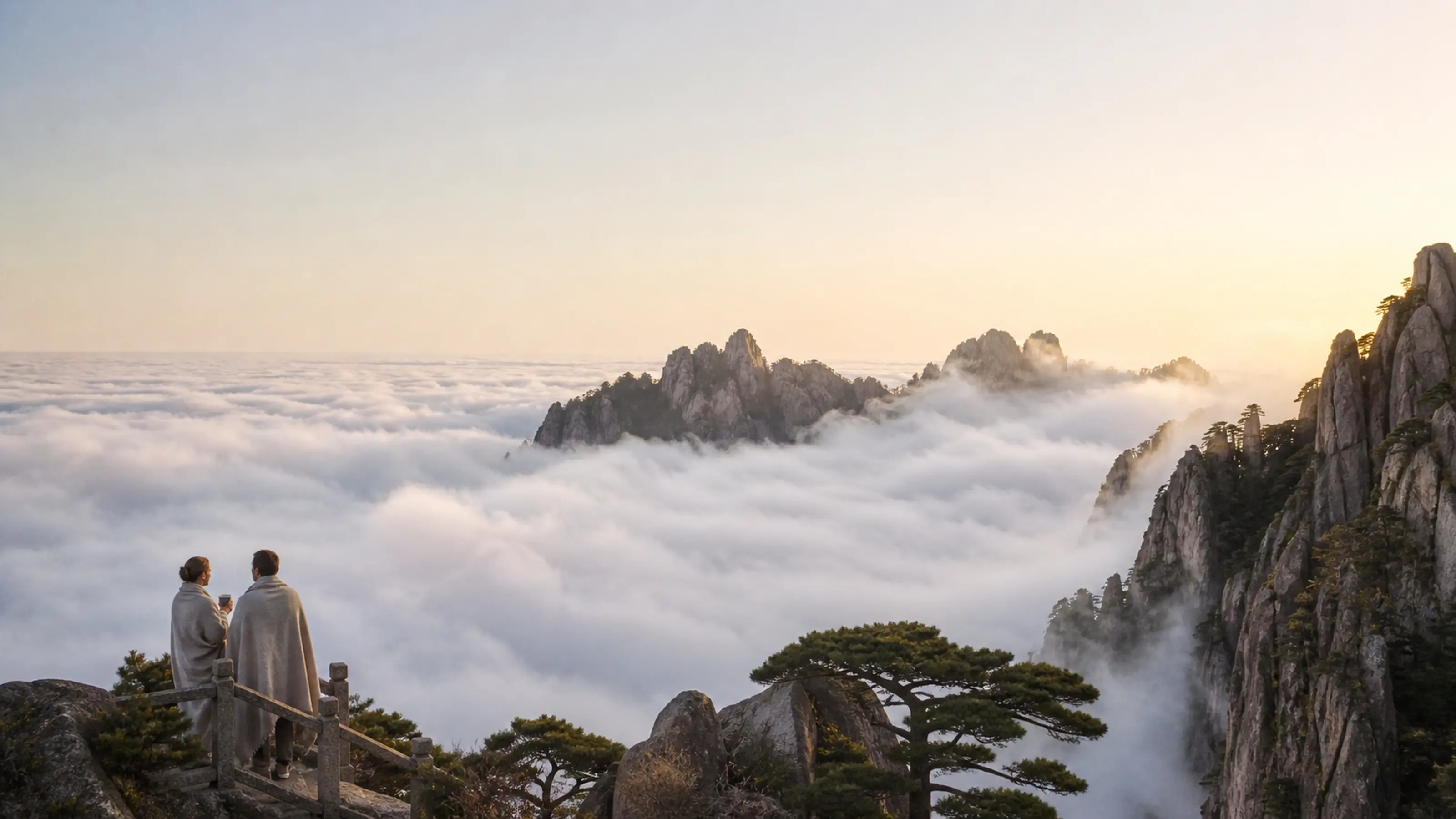 高原清晨，云海从山谷间升起