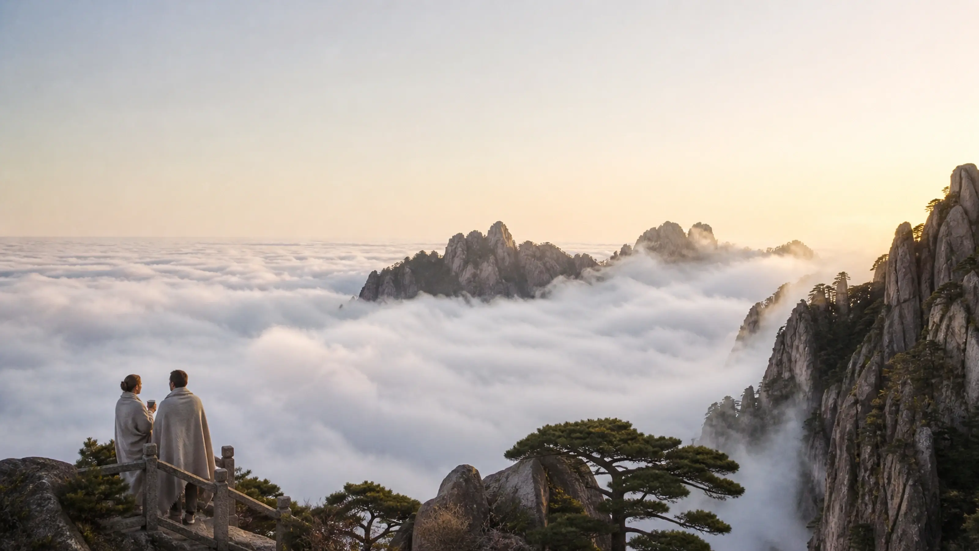 黄山云海之上的日出，石台上一对喝茶的旅人，在画面里很小