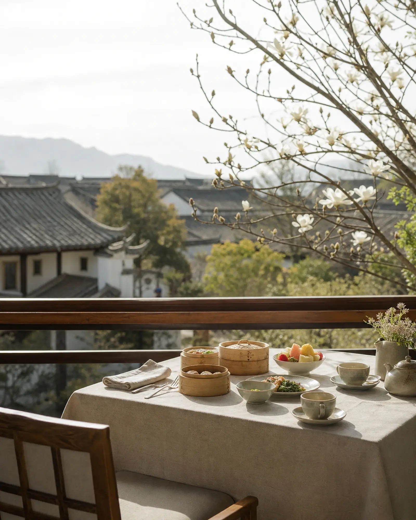 Breakfast of bamboo steamers and tea set on a balcony table above grey-tiled rooftops, magnolia branches in bloom