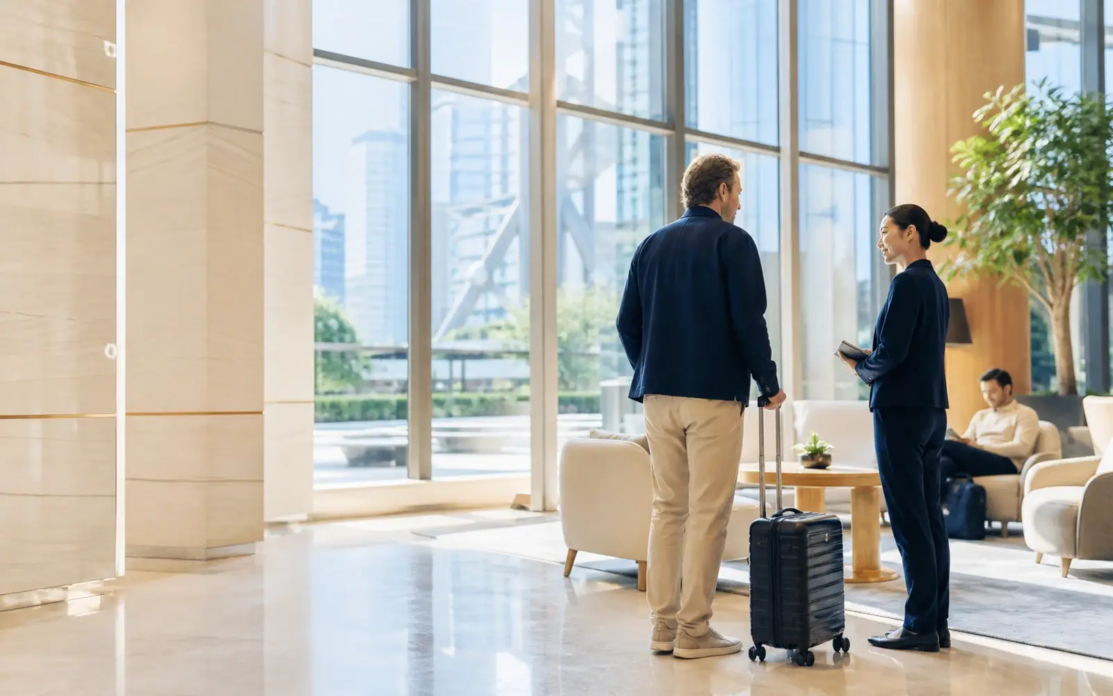 A traveller and hotel staff in a bright lobby, city towers beyond the glass