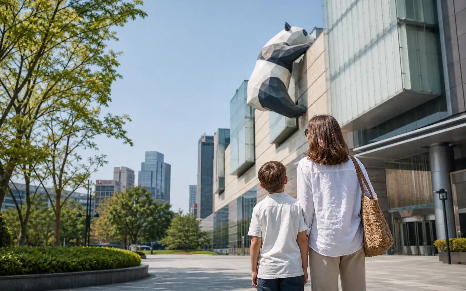 A family walking through a bright Chengdu morning scene