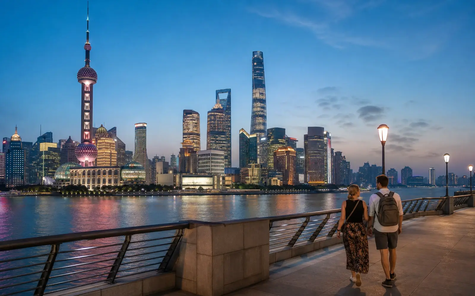The Lujiazui skyline across the Huangpu River at dusk
