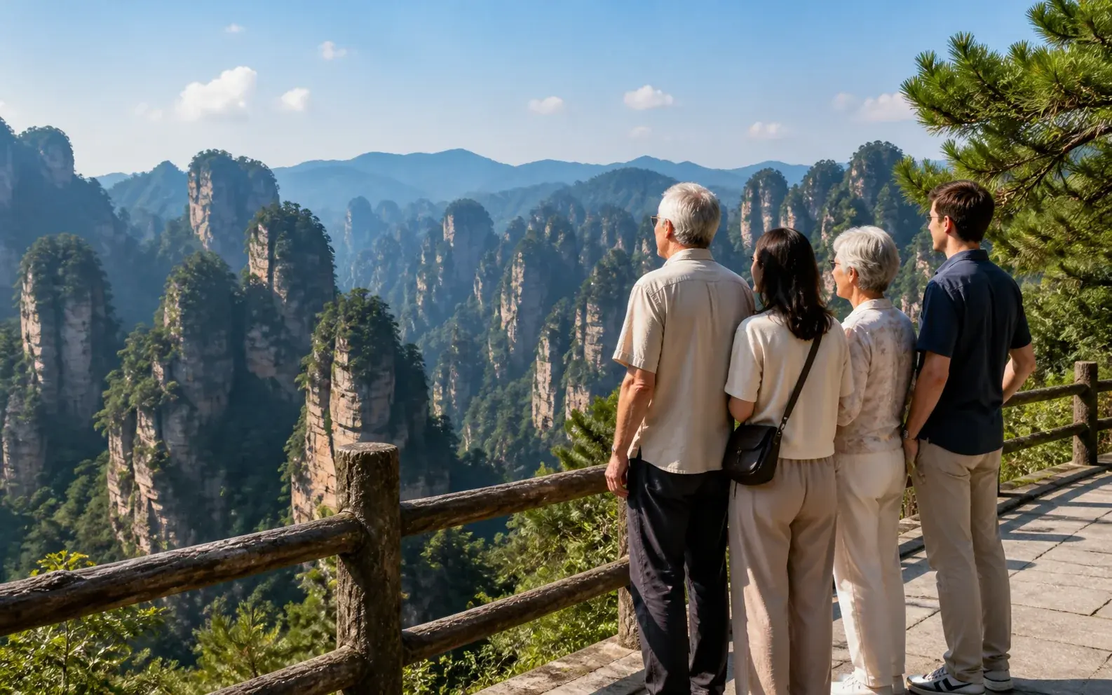 A family at a quiet viewing platform above the sandstone pillar forest of Wulingyuan