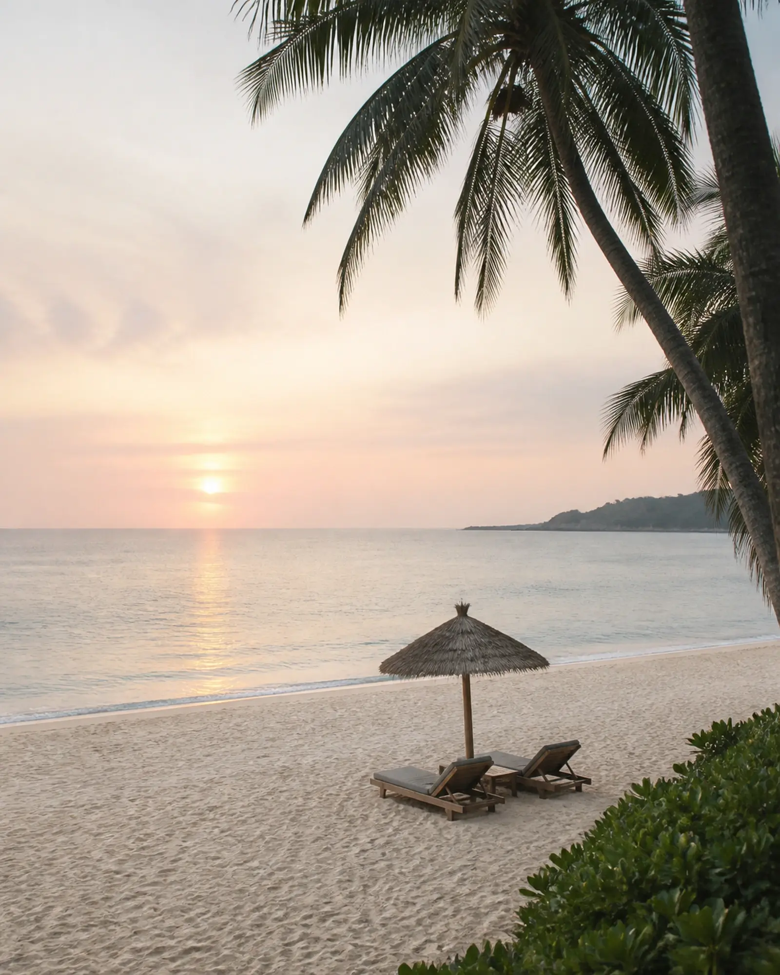 A quiet Hainan beach at sunrise with a single thatched umbrella