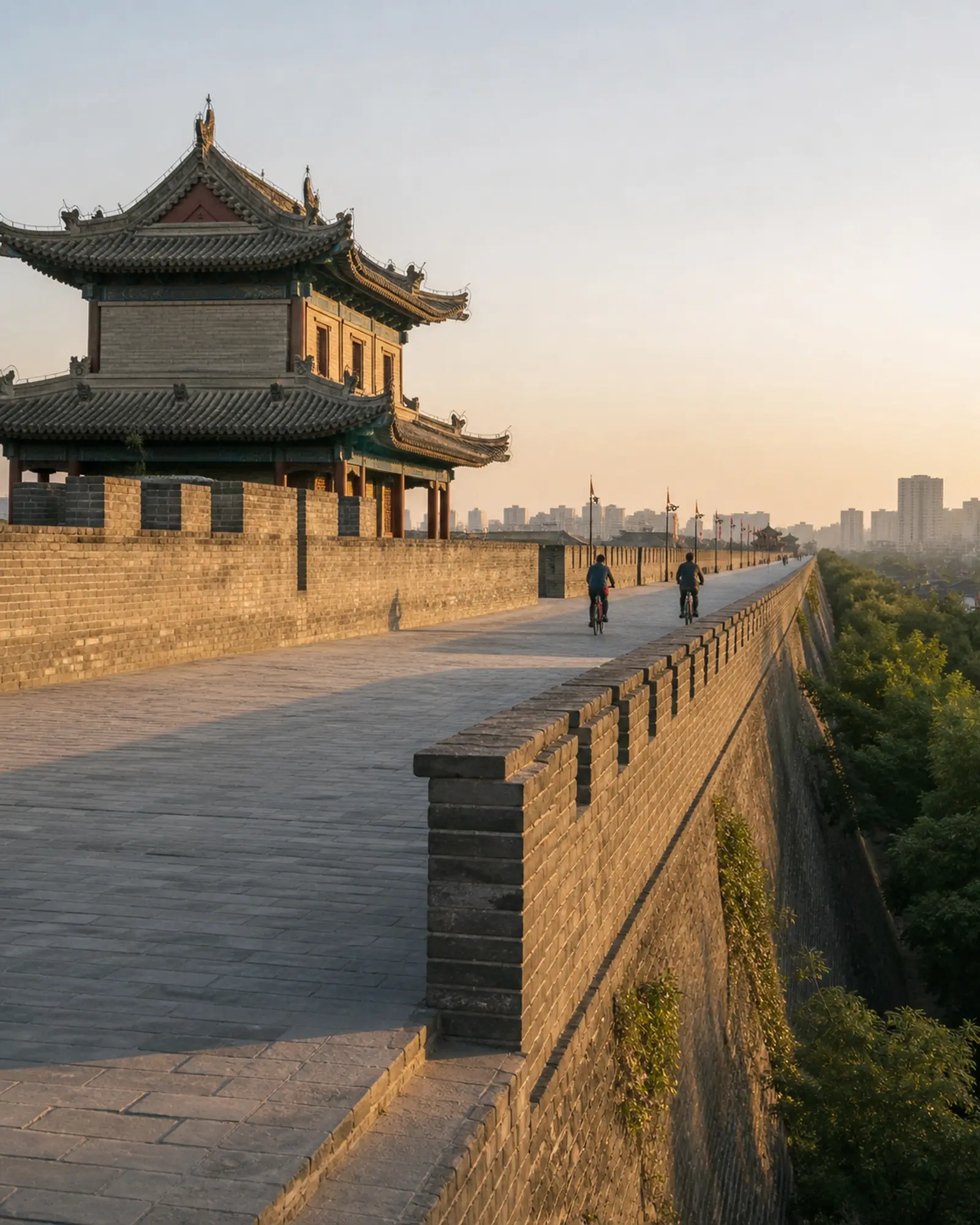 Cyclists riding the Ming city wall of Xi’an at golden hour