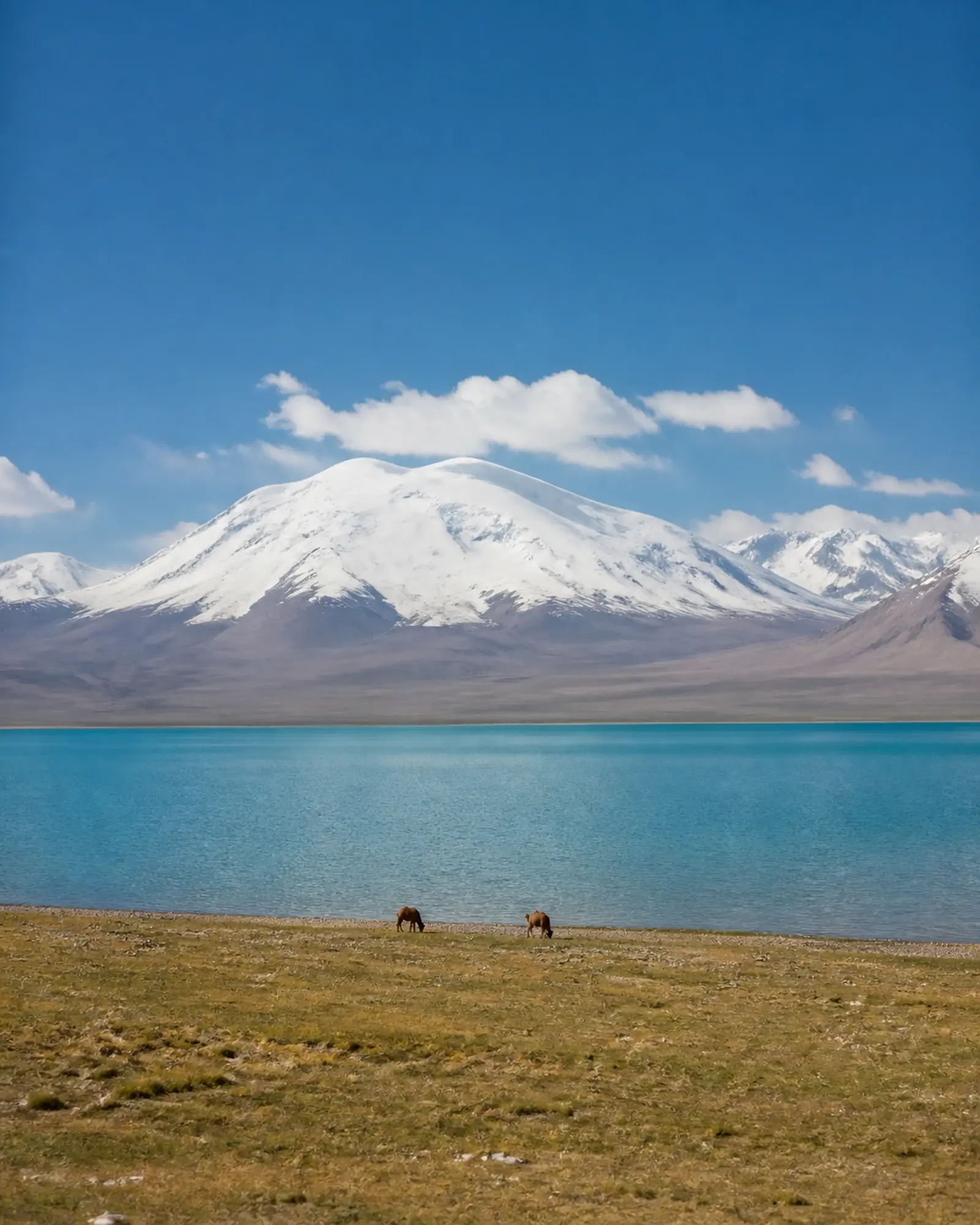 Karakul Lake beneath the snow dome of Muztagh Ata, camels grazing on the shore